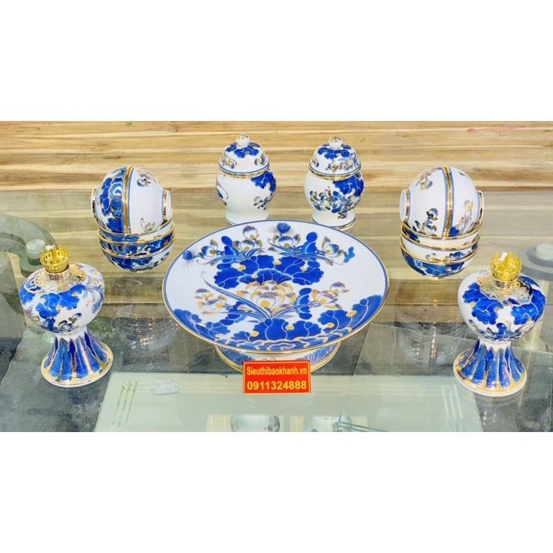 Set đồ thờ Bát Tràng men lam vẽ vàng