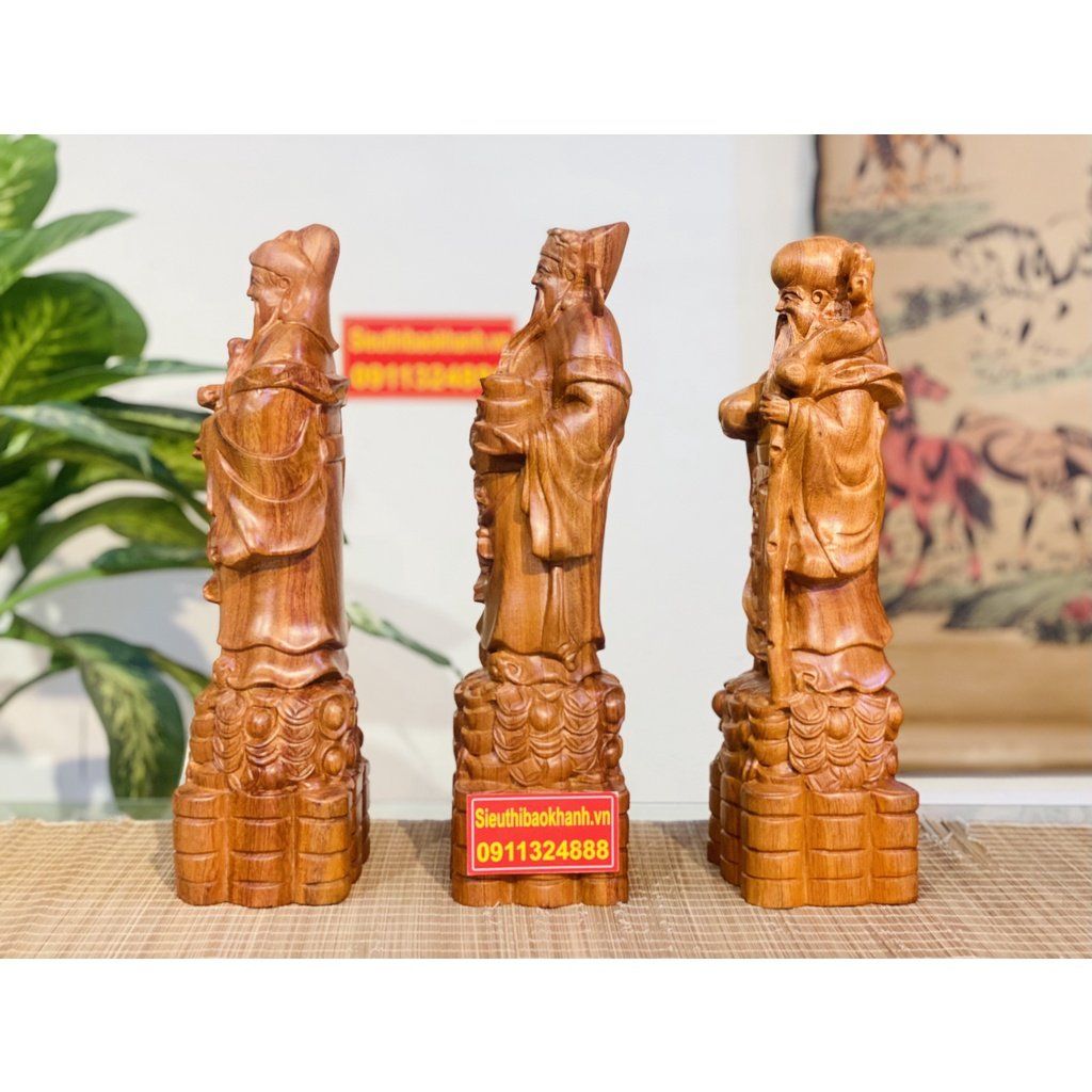 Mỹ Nghệ Tại Xưởng-Bộ Tam Đa Phúc Lộc Thọ Gỗ hương nguyên khối-40cm-Siêu thị Bảo Khánh