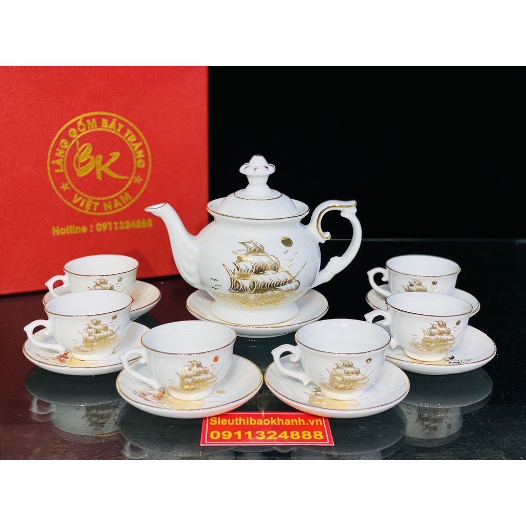 Bộ ấm chén,ấm trà Bát Tràng họa tiết Thuận Buồm Xuôi Gió 350ml