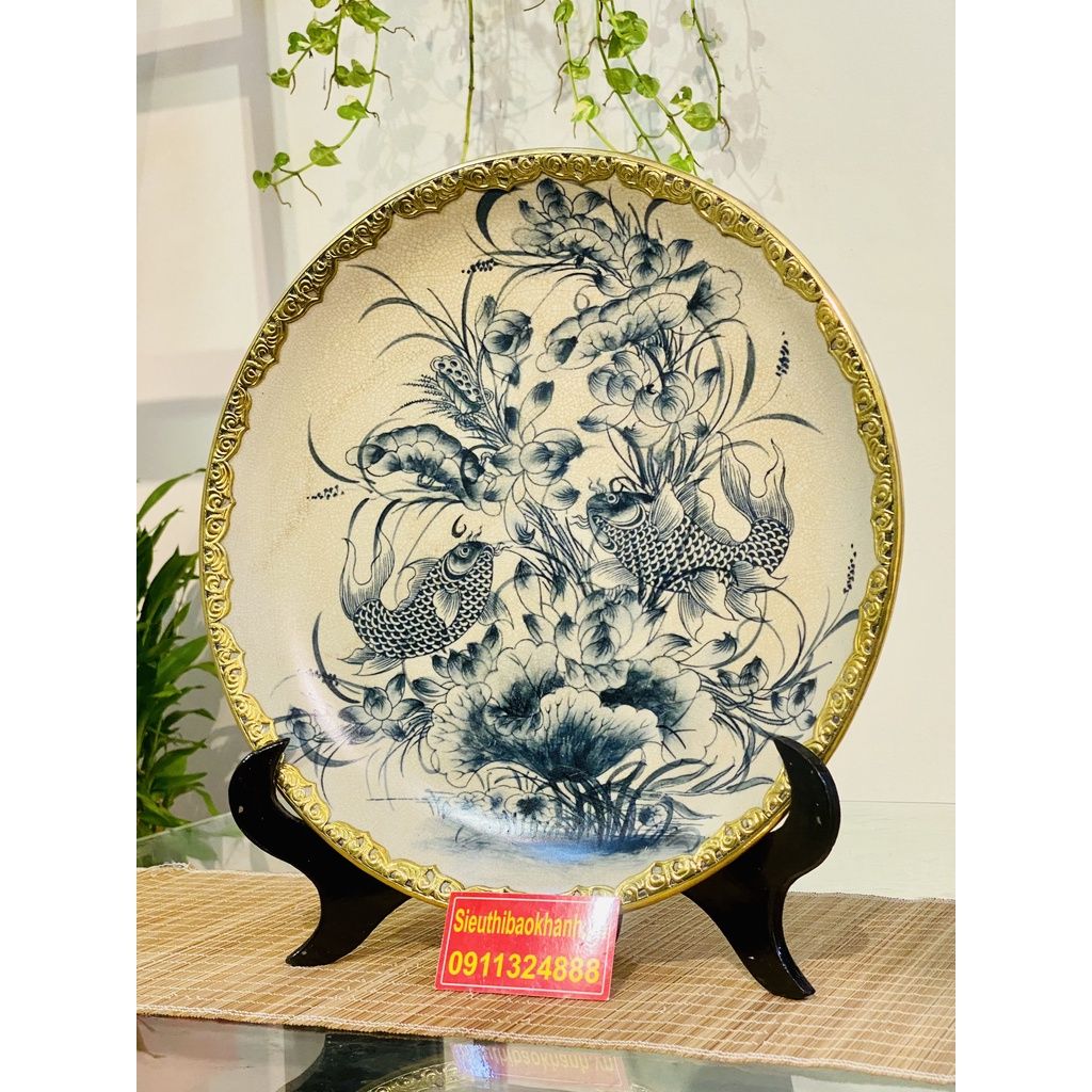 Đĩa Cảnh Men Rạn Bát Tràng Bọc Đồng Họa Tiết Song Ngư - Đĩa Trang Trí 35cm