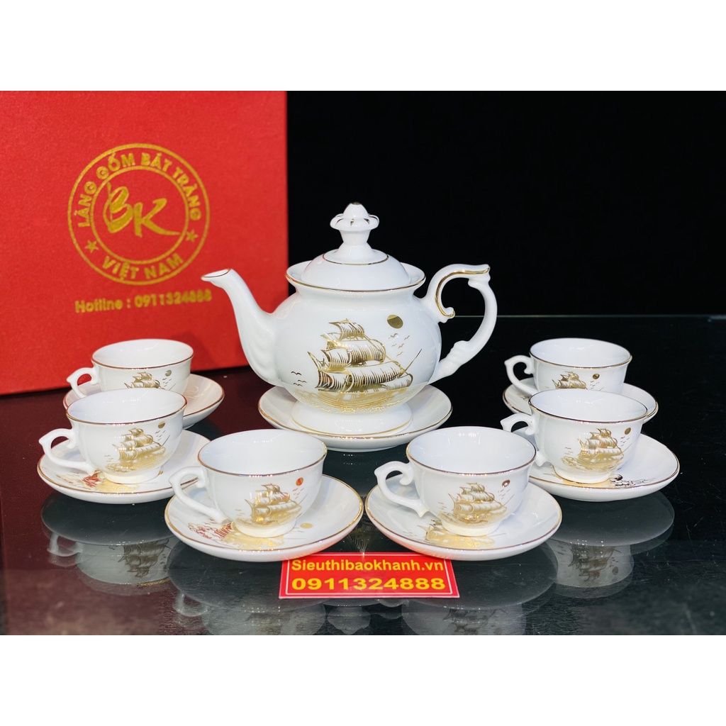 Bộ ấm chén,ấm trà Bát Tràng họa tiết Thuận Buồm Xuôi Gió 350ml