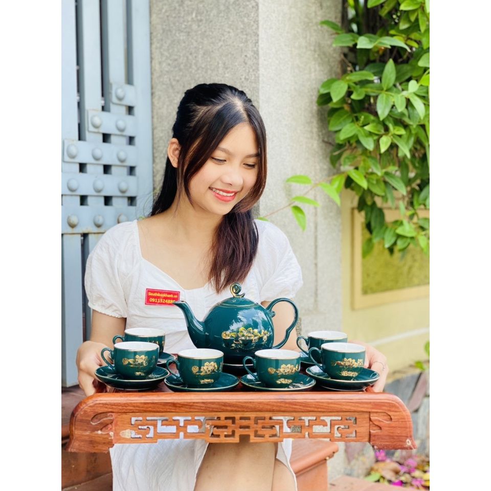 Bộ ấm chén men xanh họa tiết hoa sen vẽ vàng-Ấm chén Bảo Khánh