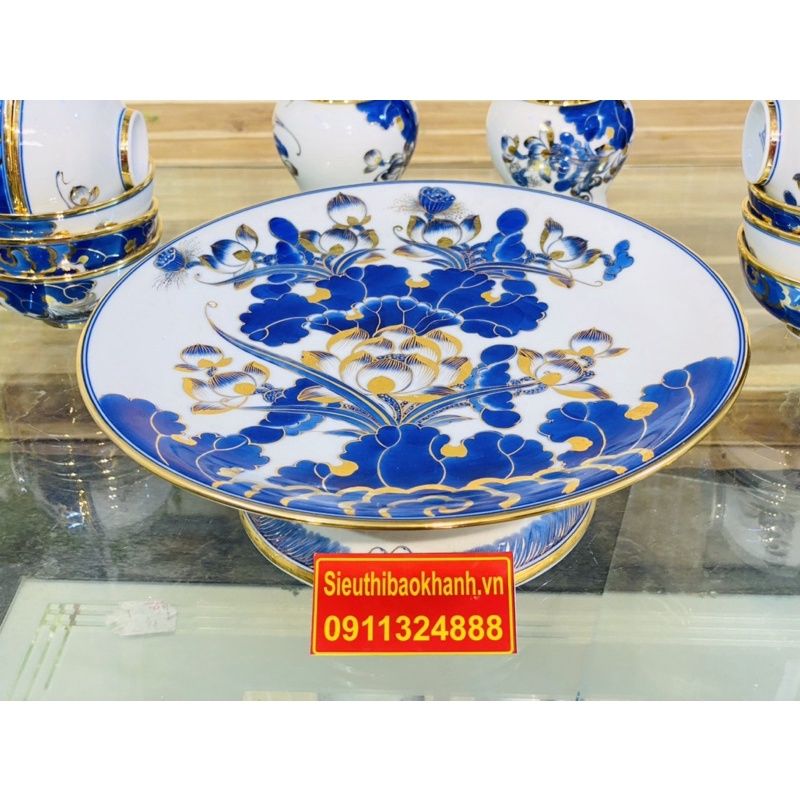 Set đồ thờ Bát Tràng men lam vẽ vàng