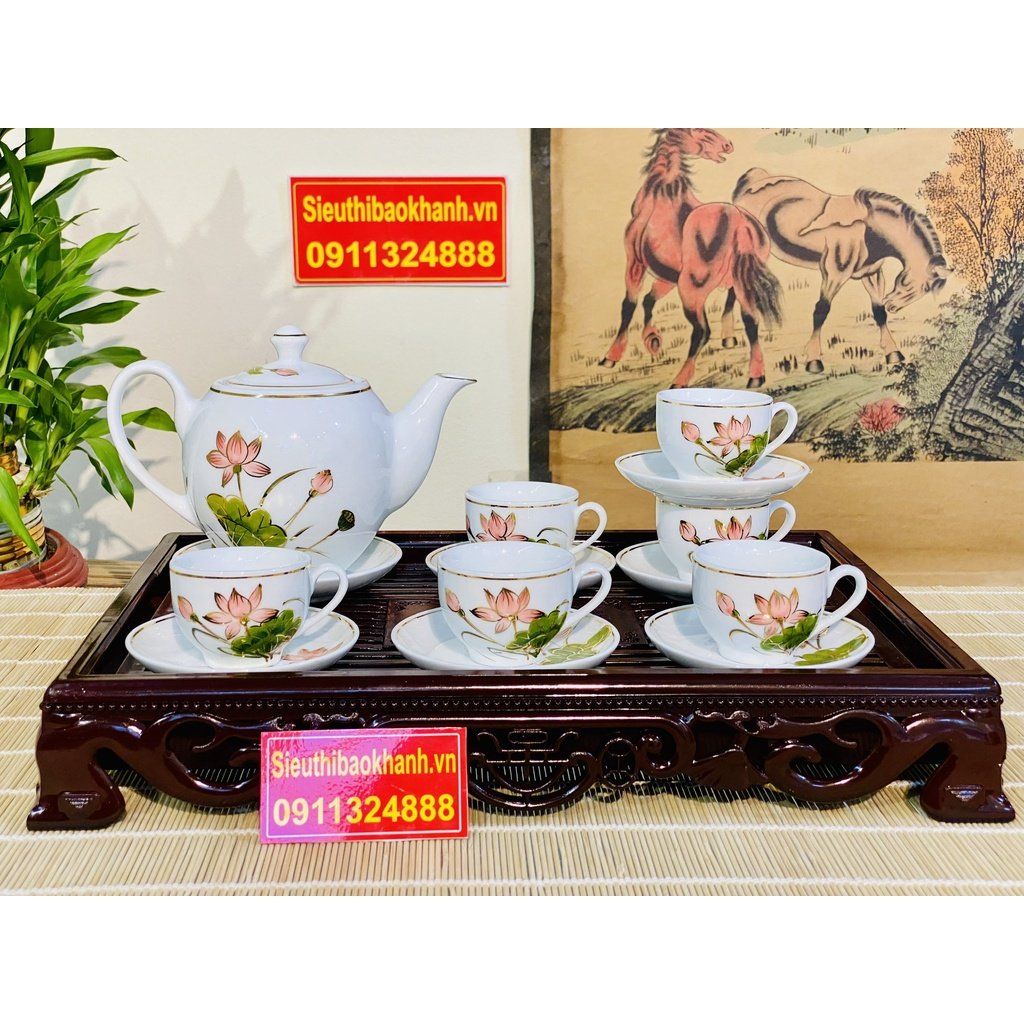 Bộ ấm chén men trắng vẽ sen xuất xưa Bát Tràng