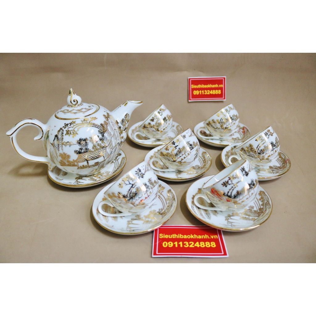 Bộ ấm trà Bát Tràng cảnh đồng quê cao cấp vẽ vàng BKCE-006500VN-0015