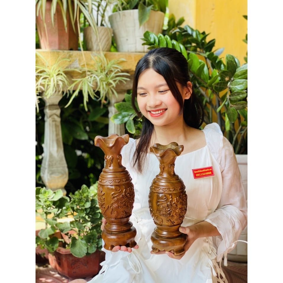 Cặp lục bình gỗ bách xanh vân tự nhiên cao 30cm
