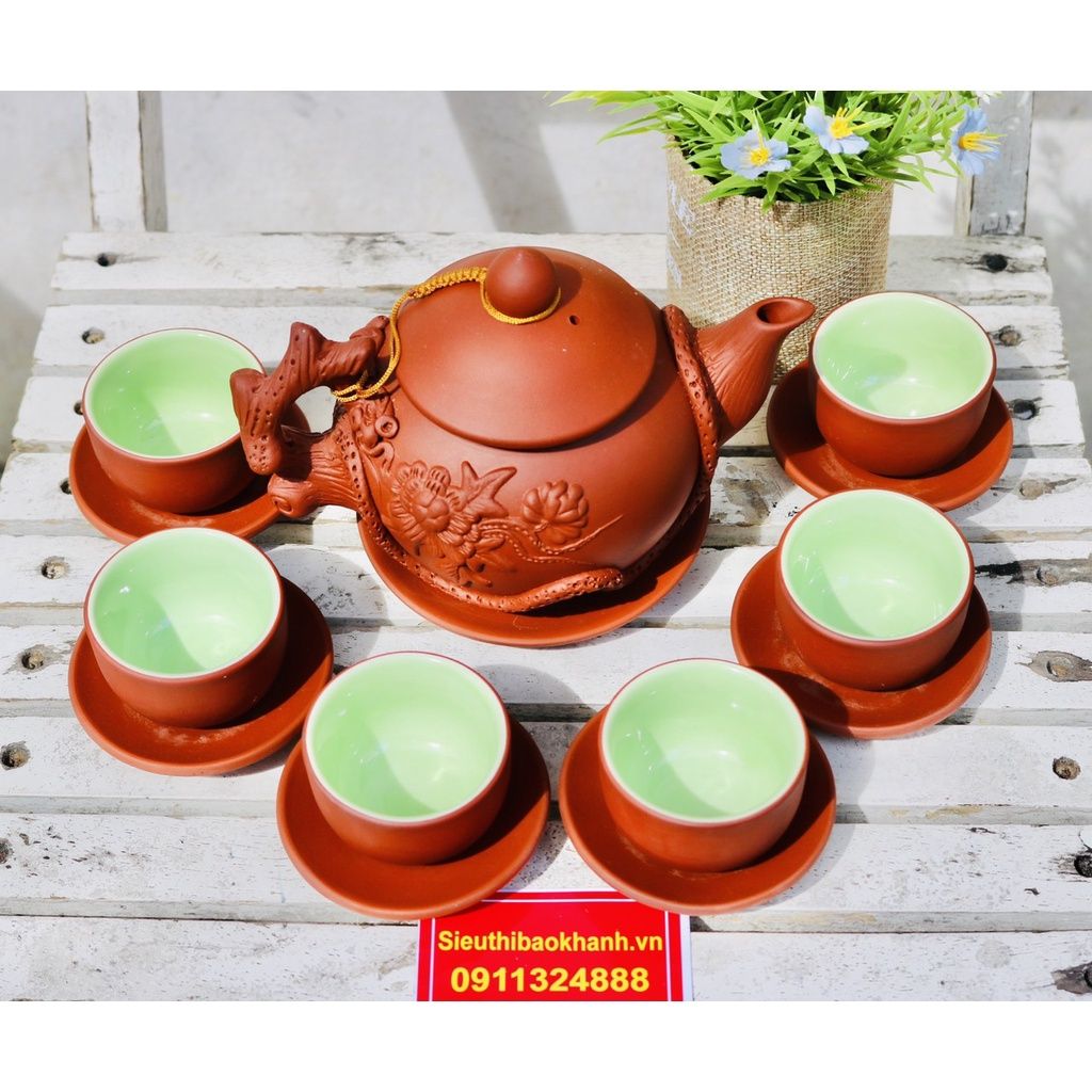 Bộ ấm chén tử sa lòng xanh đắp nổi xuất xứ Bát Tràng