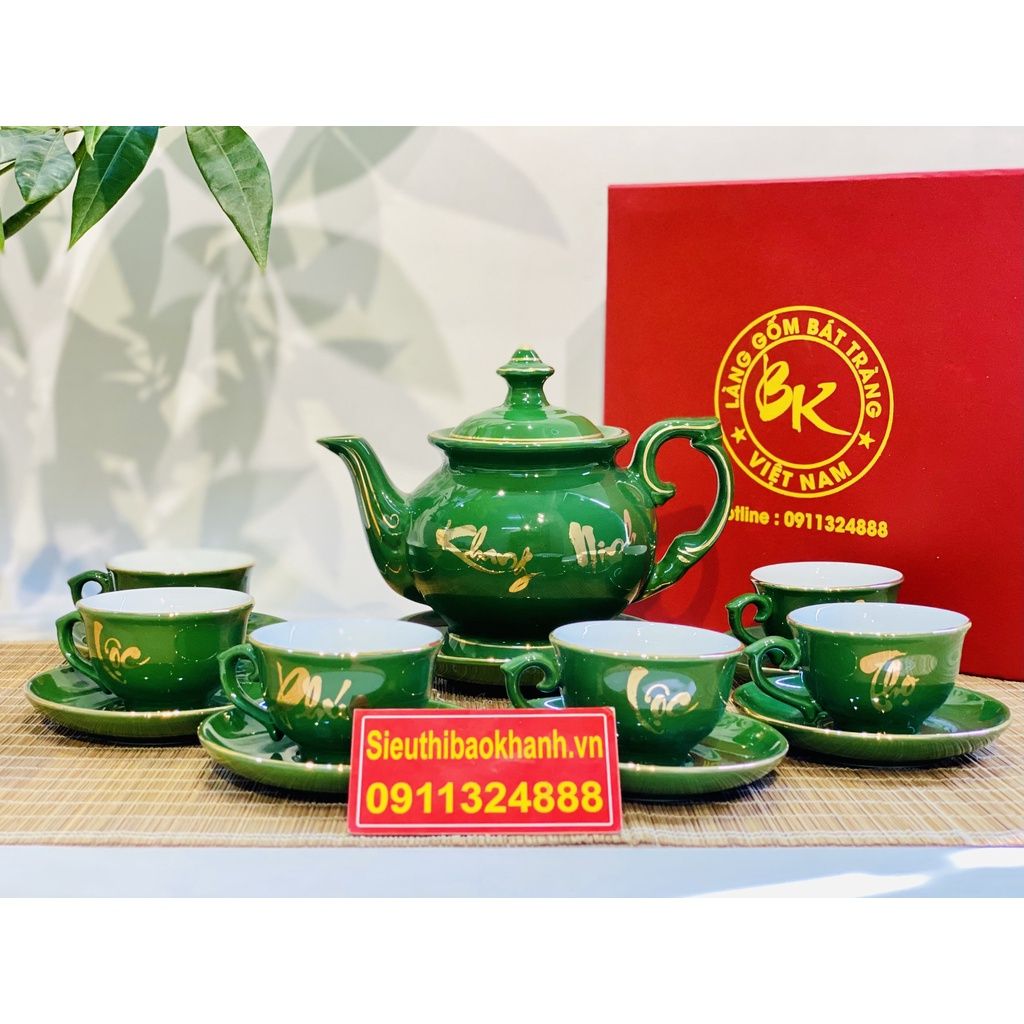 Bộ ấm chén màu xanh men ngọc họa tiết Phúc Lộc Thọ vẽ vàng Bát Tràng BKCEVN-8031