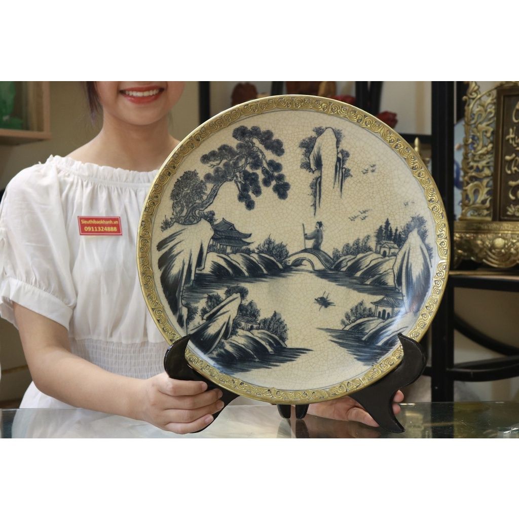 Đĩa Cảnh Men Rạn Bát Tràng Bọc Đồng - Đĩa Trang Trí 35cm-Bảo Khánh