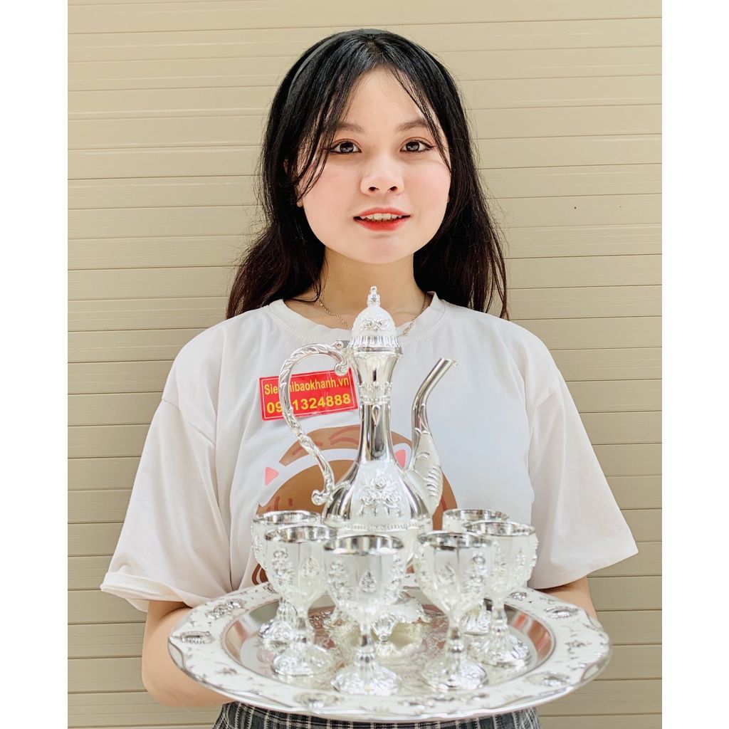 Bộ ấm chén đồng trắng quà tặng,trang trí dáng hoàng gia 750ml-Ấm chén Bảo Khánh