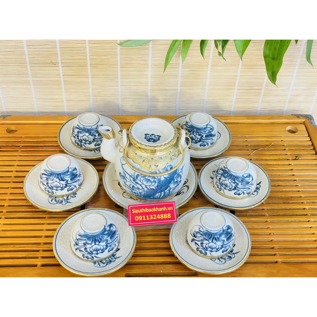 Bộ ấm chén men rạn họa tiết hoa sen bọc đồng
