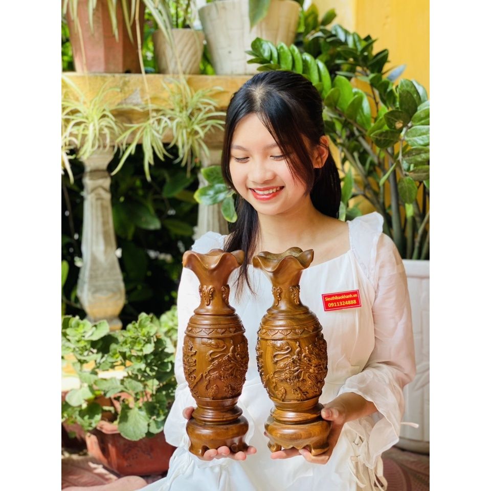 Cặp lục bình gỗ bách xanh vân tự nhiên cao 30cm