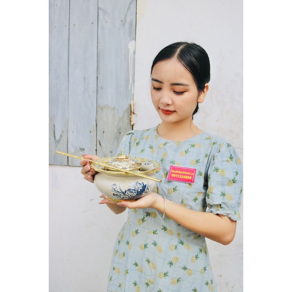 Bộ điếu bát men rạn Bát Tràng vẽ Hoa Sen cao cấp BKCE-001360VN-1415