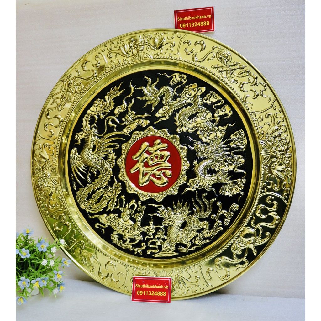 Mâm đồng thau nguyên chất trạm trổ Long Phụng 50cm
