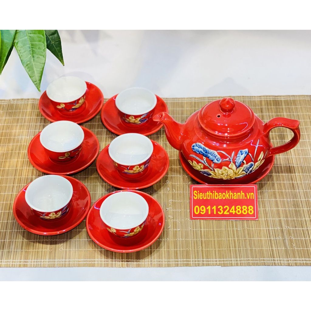Bộ Ấm Chén Bát Tràng men đỏ cao cấp 350ml