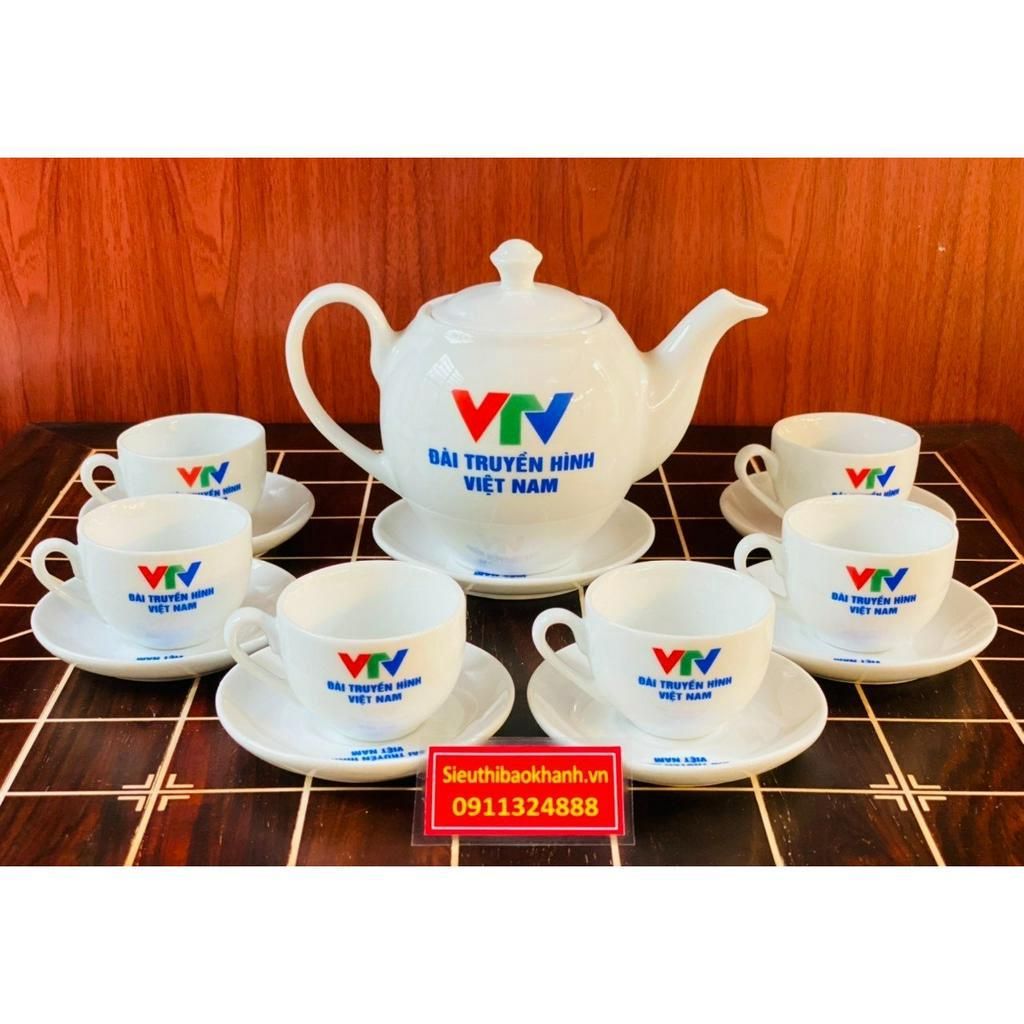 Bộ ấm chén men trắng Bát Tràng cao cấp in logo 350ml