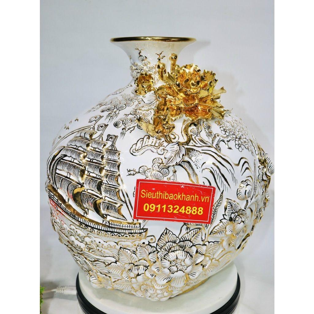 Bình hút lộc Bát Tràng đắp nổi vẽ vàng họa tiết thuận buồm xuôi gió 35cm-hàng nghệ nhân