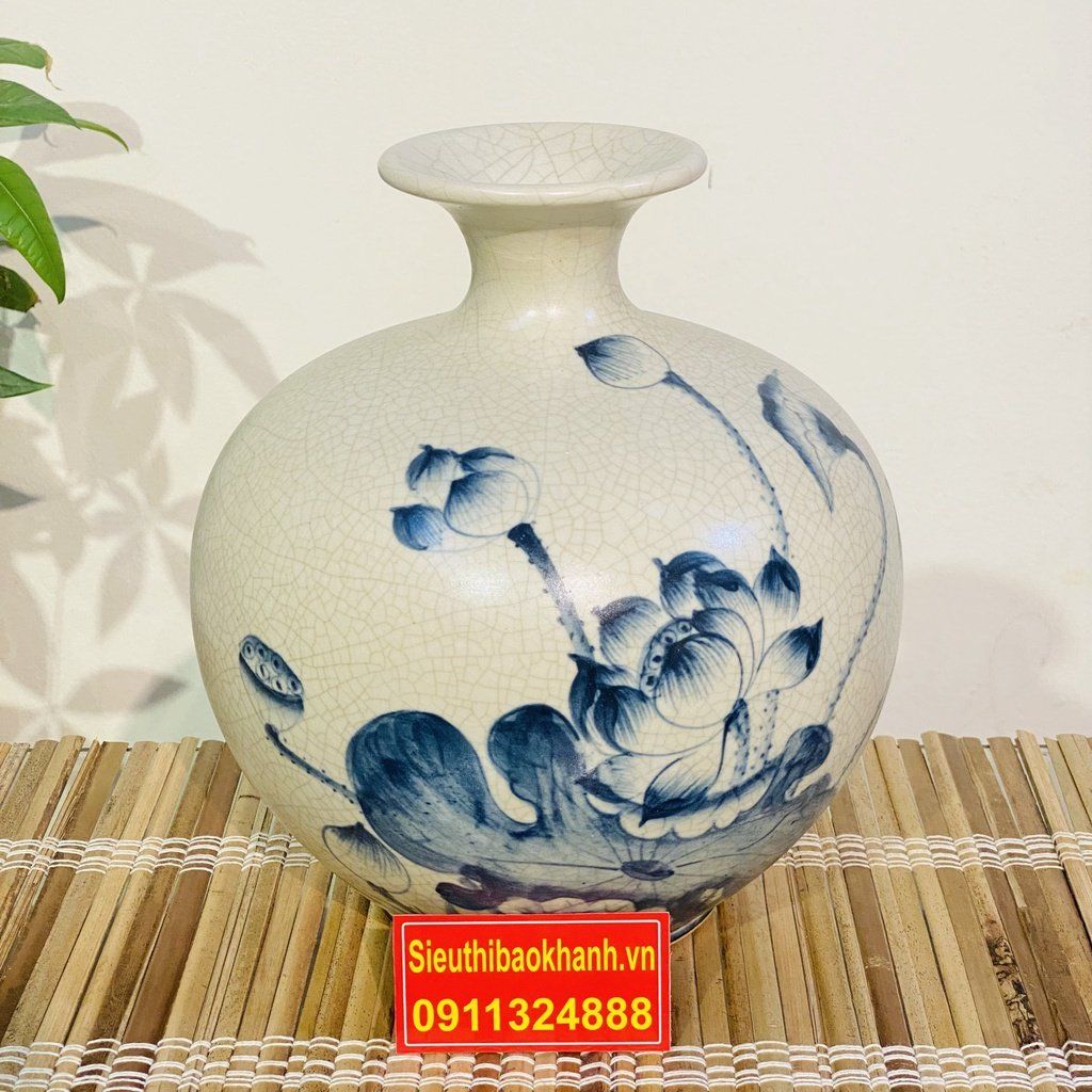 Bình Hút Lộc Bát Tràng Men Rạn Vẽ Sen Cao Cấp 27 cm-Mỹ Nghệ Bảo Khánh