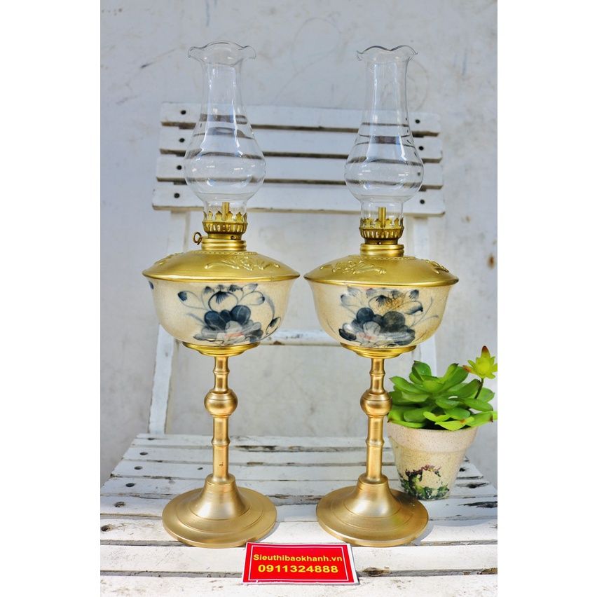 cặp đèn đầu đồng thân gốm xuất xứ Bát Tràng 25cm