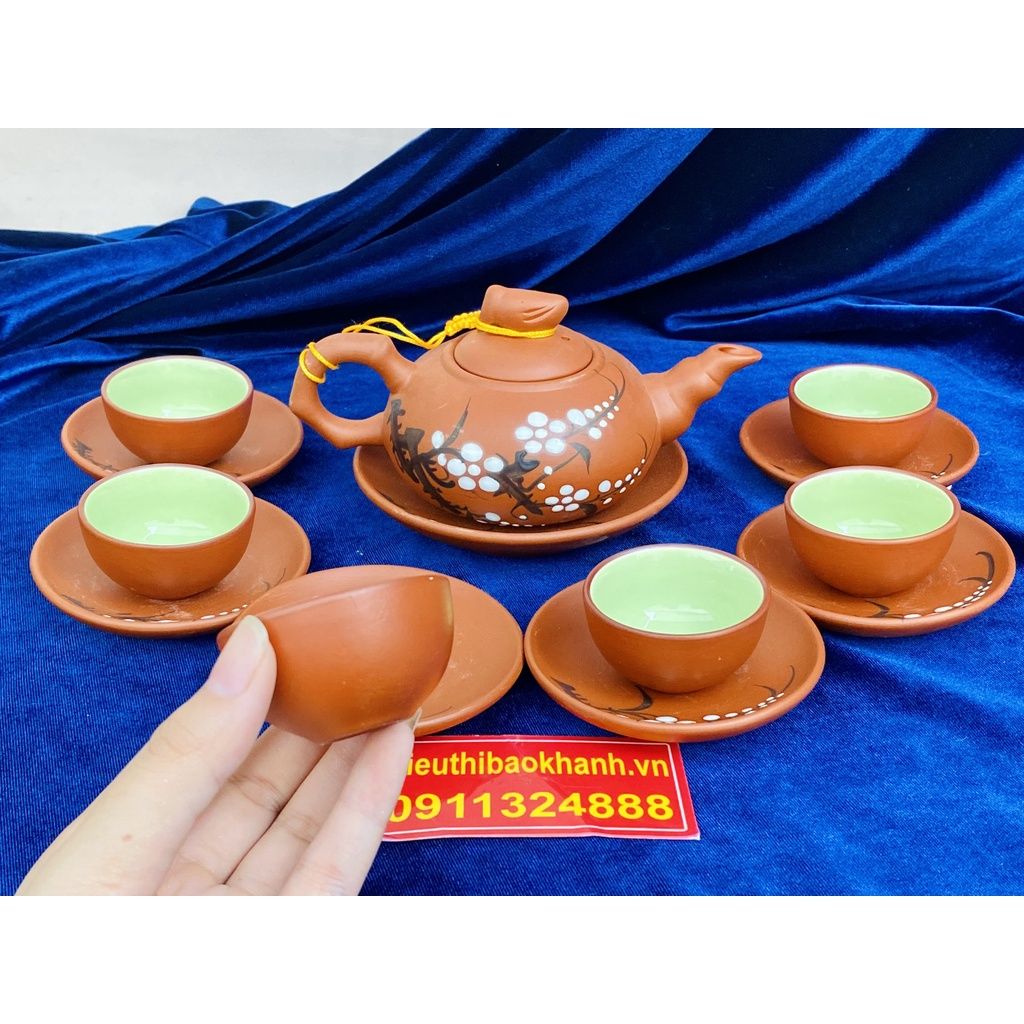 Bộ ấm trà Tử sa lòng xanh Bát Tràng họa tiết Hoa Mai 350ml