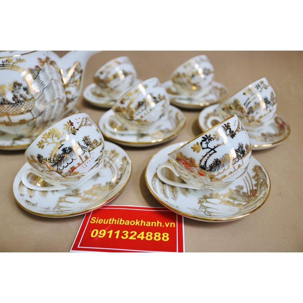 Bộ ấm trà Bát Tràng cảnh đồng quê cao cấp vẽ vàng BKCE-006500VN-0015