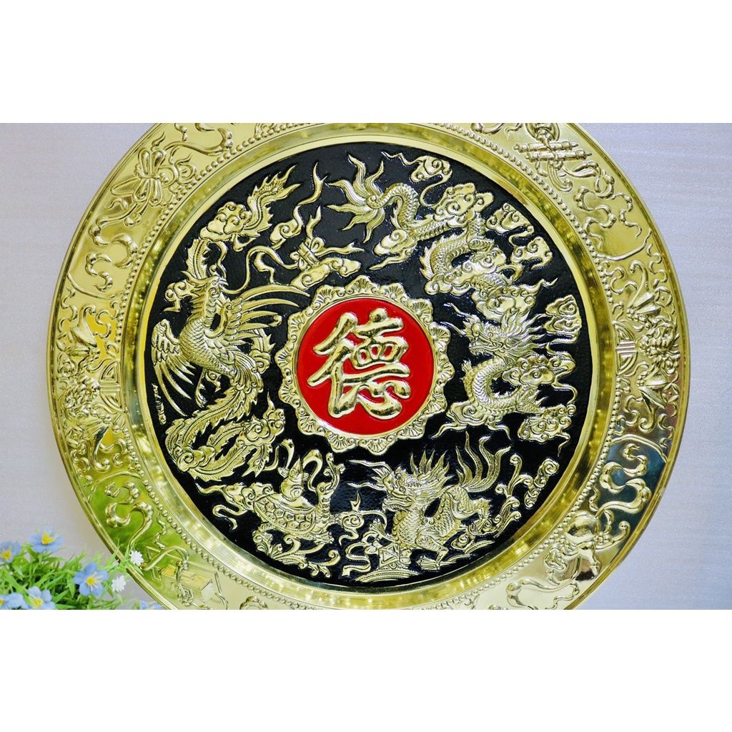 Mâm đồng thau nguyên chất trạm trổ Long Phụng 50cm