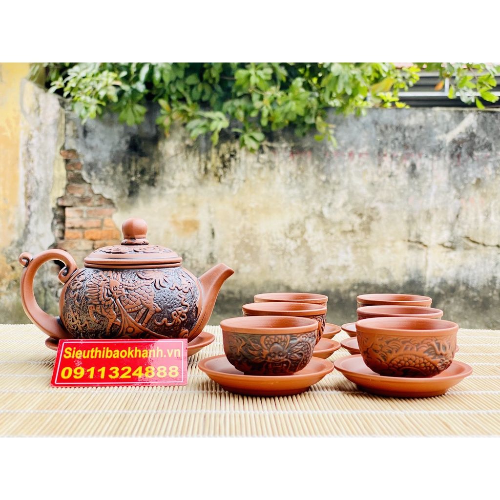 Ấm trà⚡️BÁT TRÀNG⚡️Bộ ấm chén tử sa đắp nổi 350ml-Bát Tràng Bảo Khánh