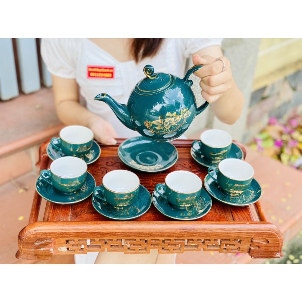 Bộ ấm chén men xanh họa tiết hoa sen vẽ vàng-Ấm chén Bảo Khánh