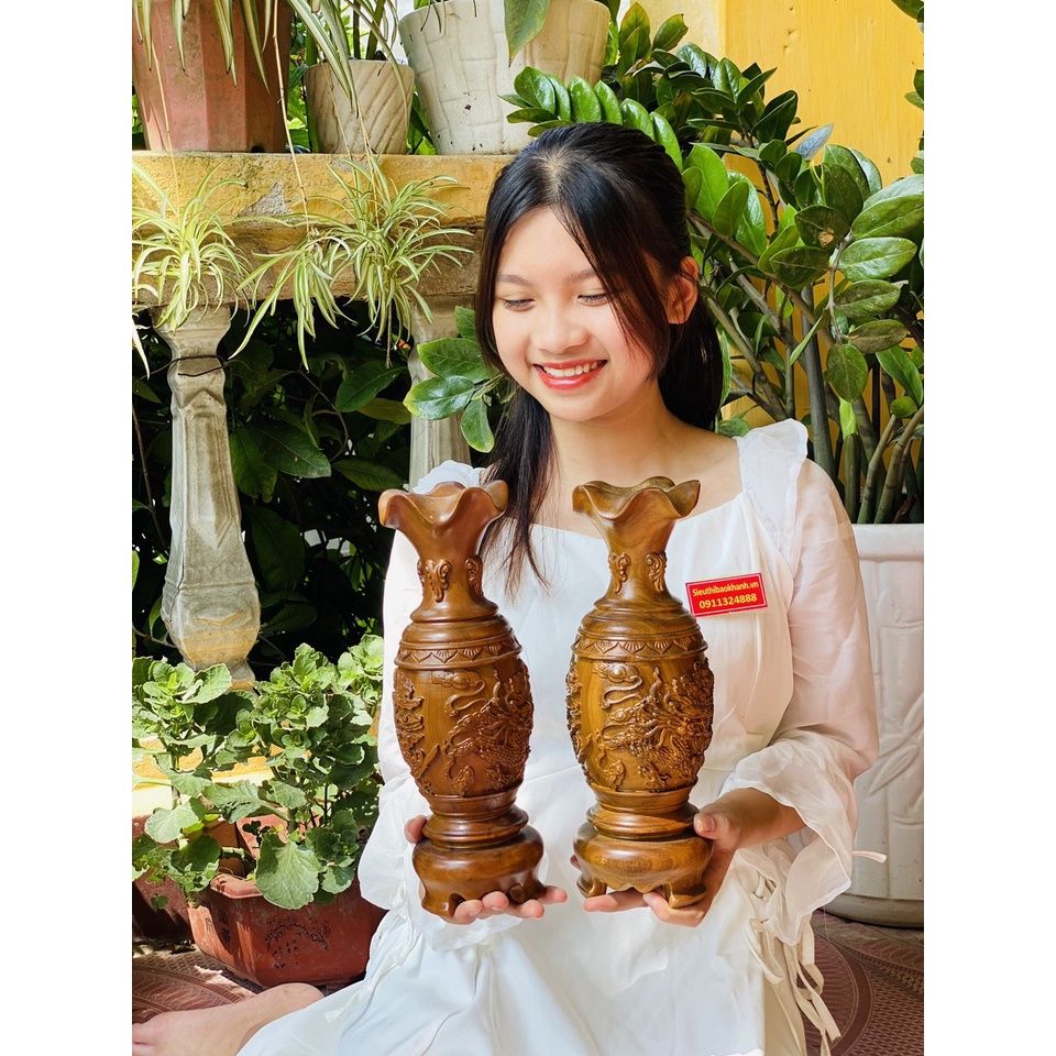 Cặp lục bình gỗ bách xanh vân tự nhiên cao 30cm