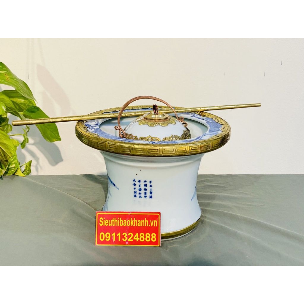 Điếu bát men lam dáng cao bọc đồng xuất xứ Bát Tràng