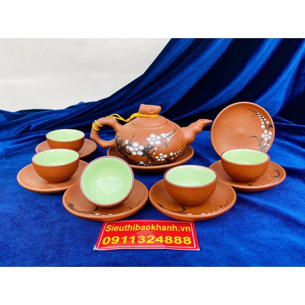 Bộ ấm trà Tử sa lòng xanh Bát Tràng họa tiết Hoa Mai 350ml