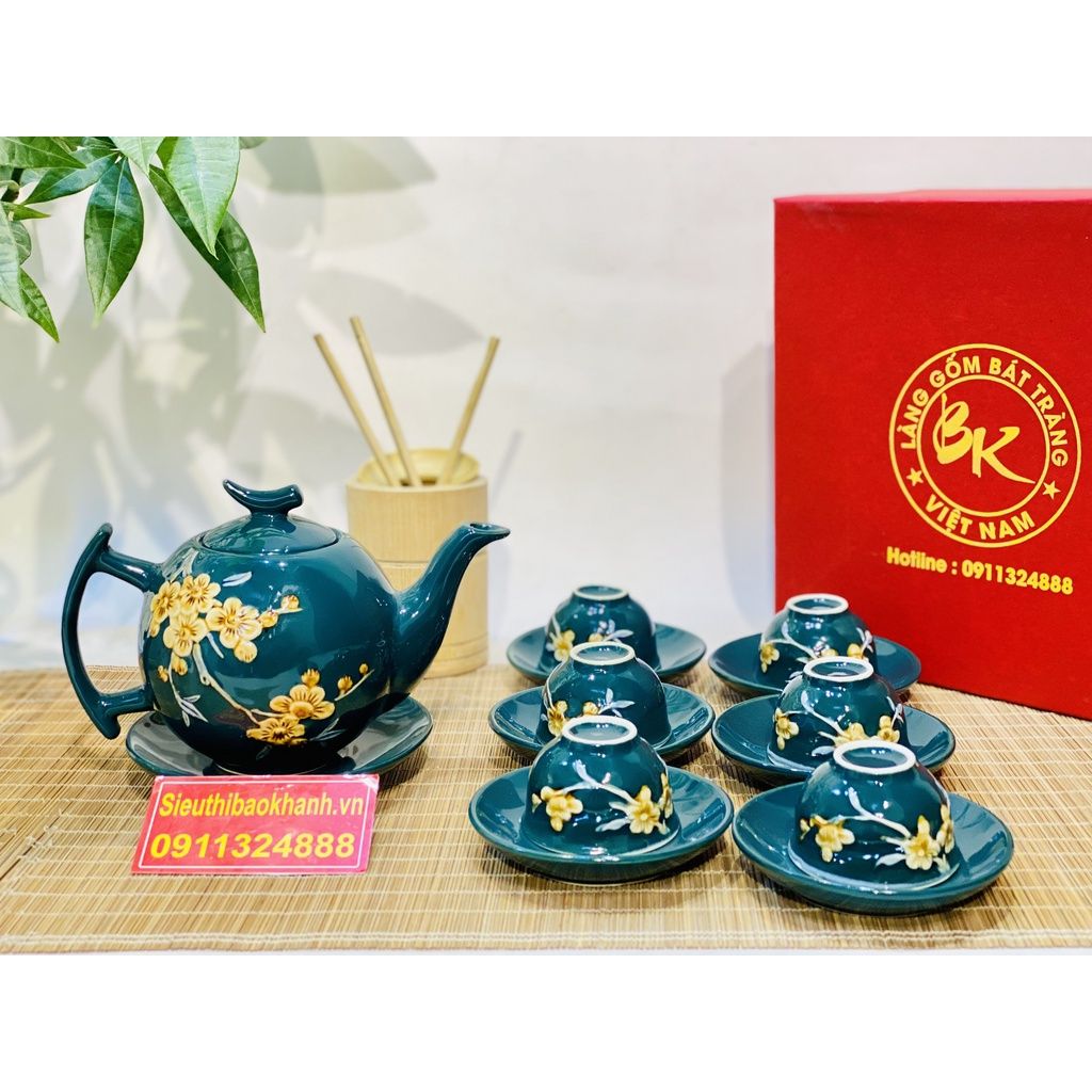 Bộ ấm trà(bộ tách trà) màu xanh Bát Tràng-Bảo Khánh Việt Nam 350ml