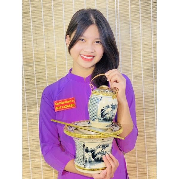 Bộ điếu bát giả cổ bọc đồng dáng ống loe cao cấp Bát Tràng BKCE-001900VN-1417