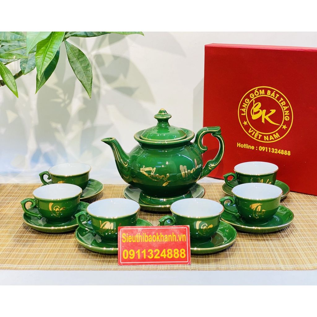 Bộ ấm chén màu xanh men ngọc họa tiết Phúc Lộc Thọ vẽ vàng Bát Tràng BKCEVN-8031