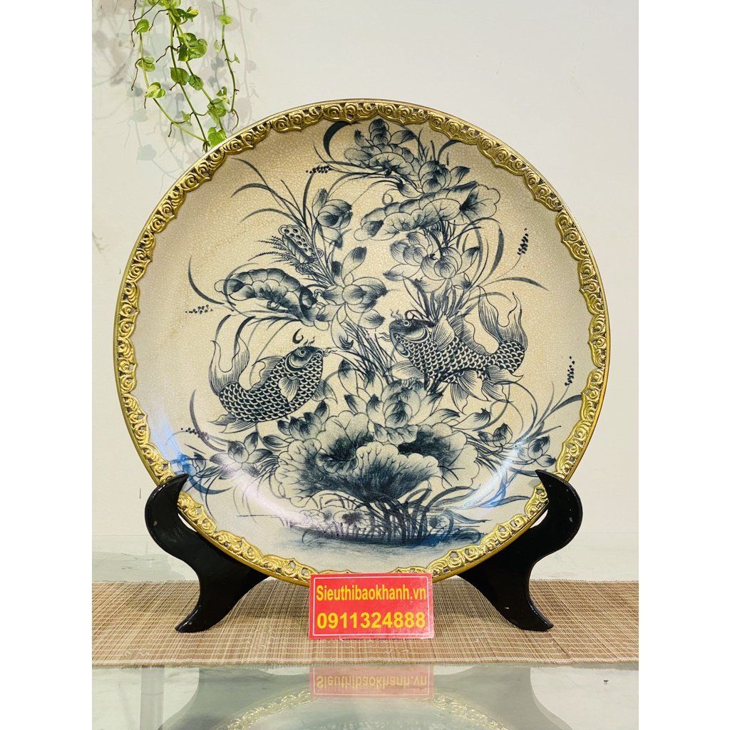Đĩa Cảnh Men Rạn Bát Tràng Bọc Đồng Họa Tiết Song Ngư - Đĩa Trang Trí 35cm
