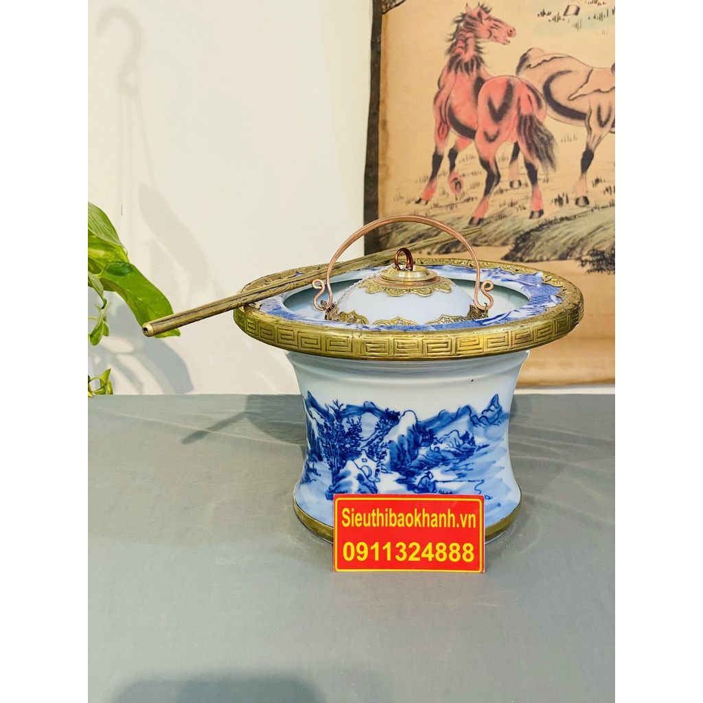 Điếu bát men lam dáng cao bọc đồng xuất xứ Bát Tràng
