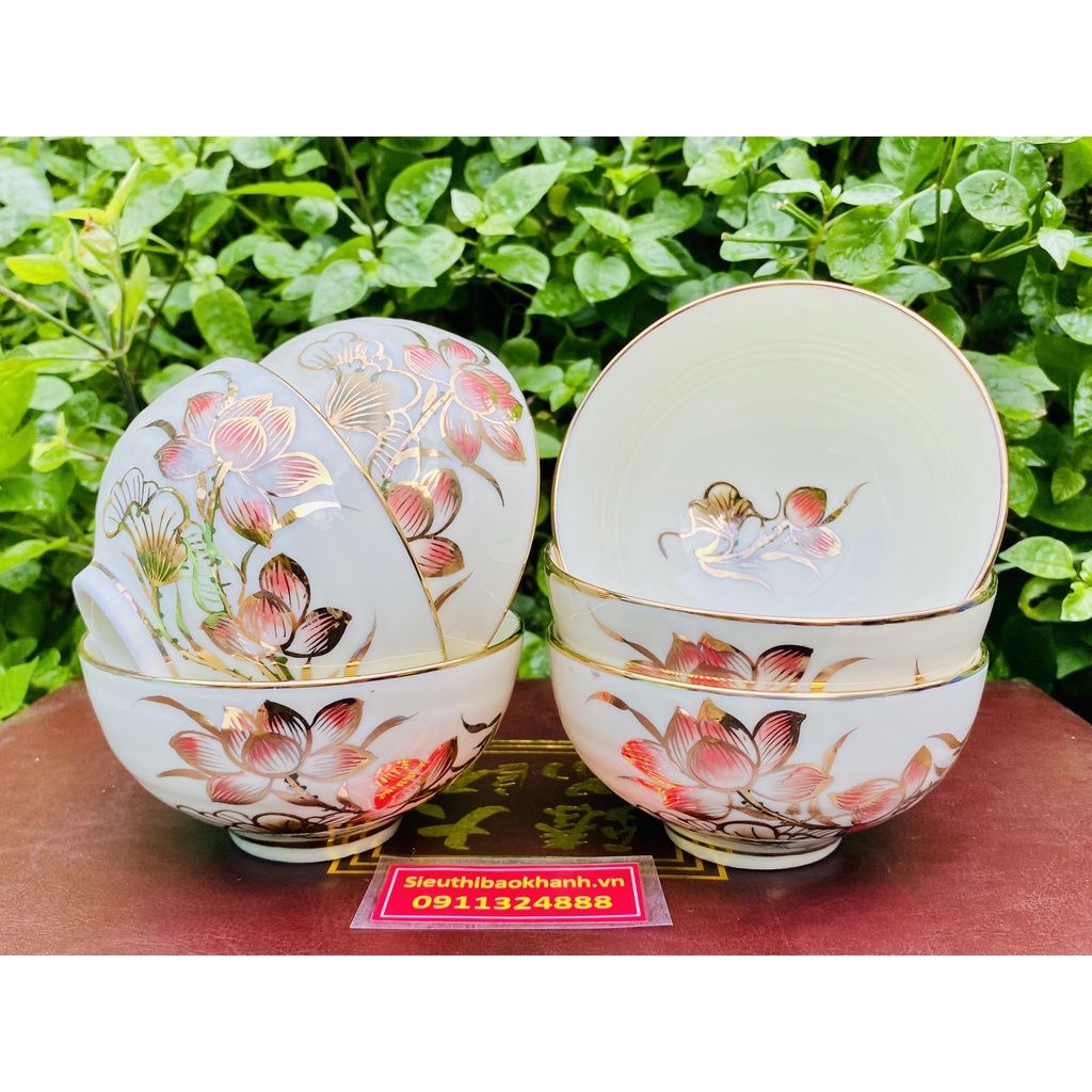 Nghệ thuật gốm sứ bộ bát ăn men kem sen hồng -Bảo Khánh