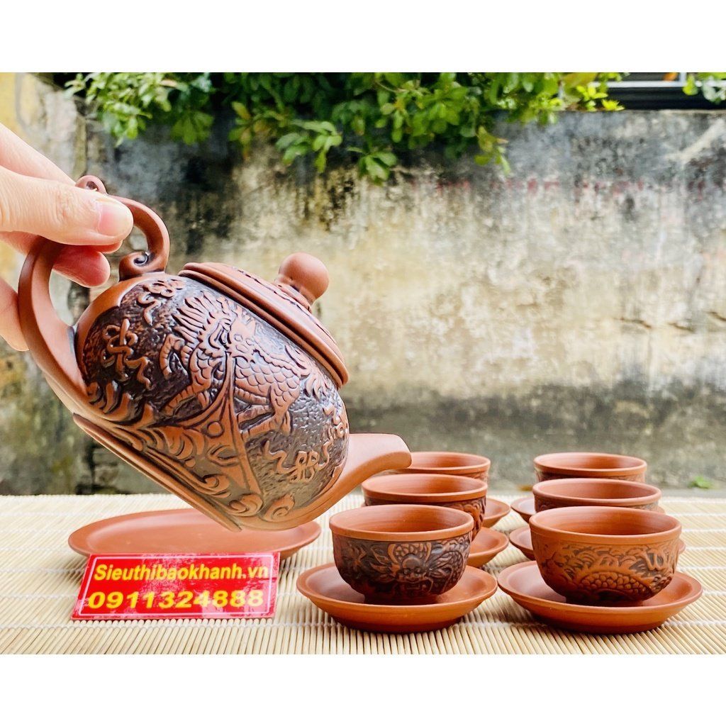 Ấm trà⚡️BÁT TRÀNG⚡️Bộ ấm chén tử sa đắp nổi 350ml-Bát Tràng Bảo Khánh