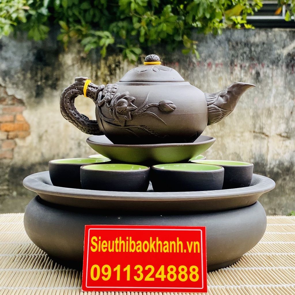 Ấm trà⚡️BÁT TRÀNG⚡️Bộ ấm chén tử sa đắp nổi họa tiết sen 350ml-Bát Tràng Bảo Khánh