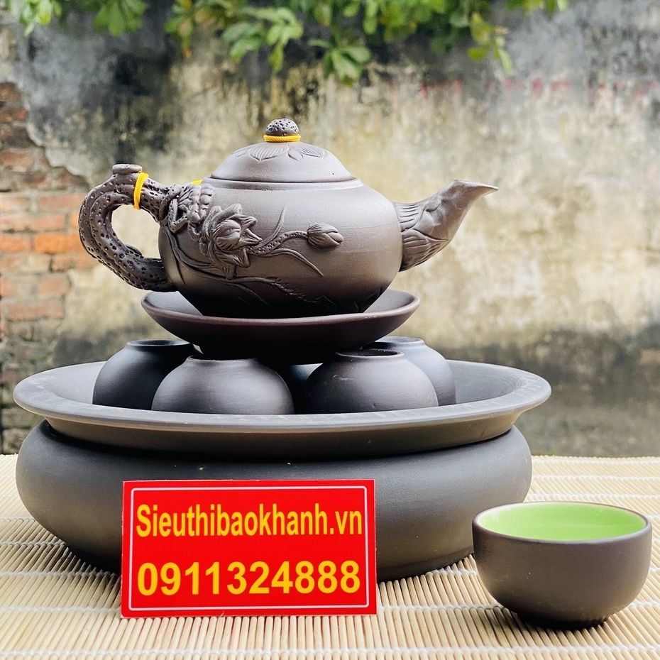 Ấm trà⚡️BÁT TRÀNG⚡️Bộ ấm chén tử sa đắp nổi họa tiết sen 350ml-Bát Tràng Bảo Khánh