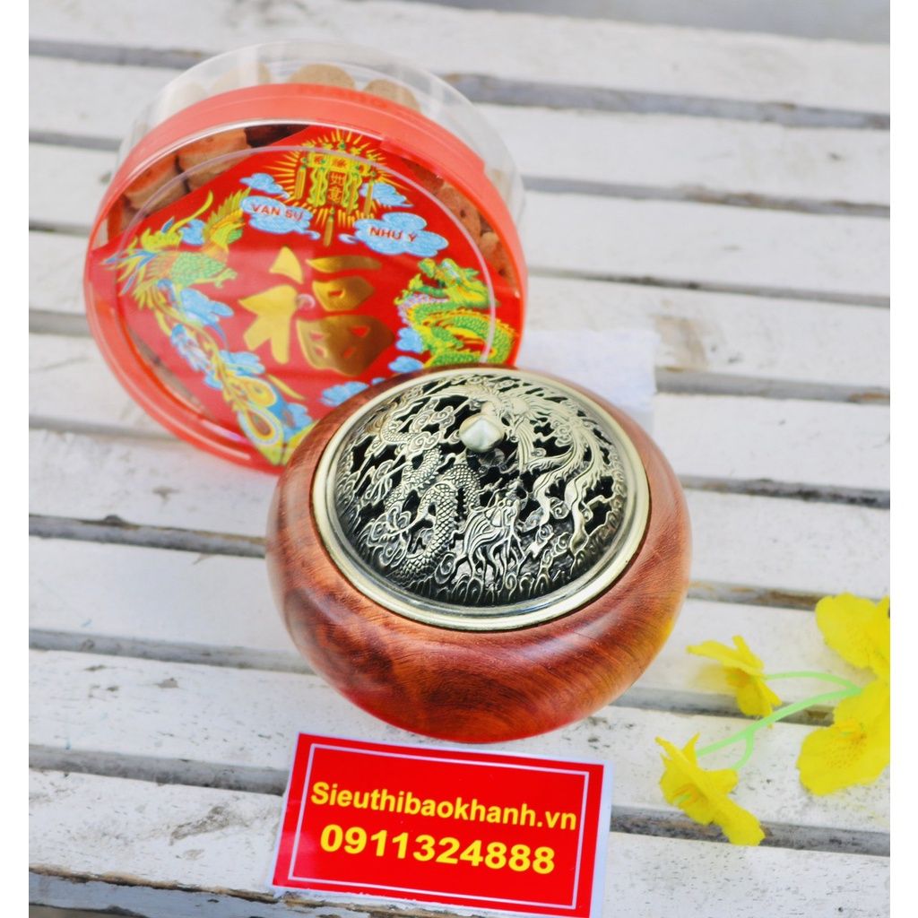 Xông trầm chế tác từ gỗ hương-nắp trạm trổ long phụng tinh xảo (loại 10cm)
