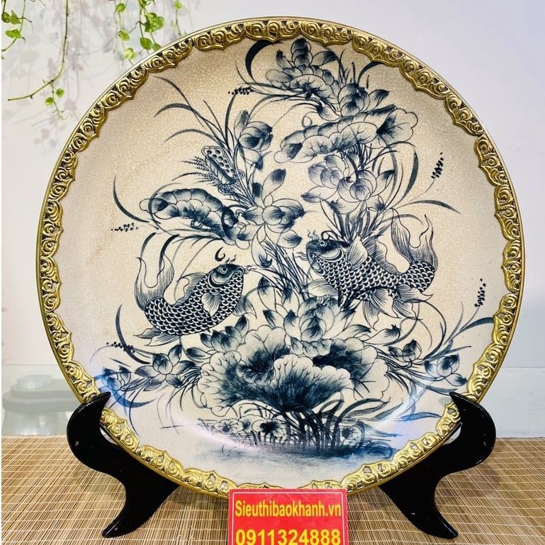 Đĩa Cảnh Men Rạn Bát Tràng Bọc Đồng Họa Tiết Song Ngư - Đĩa Trang Trí 35cm