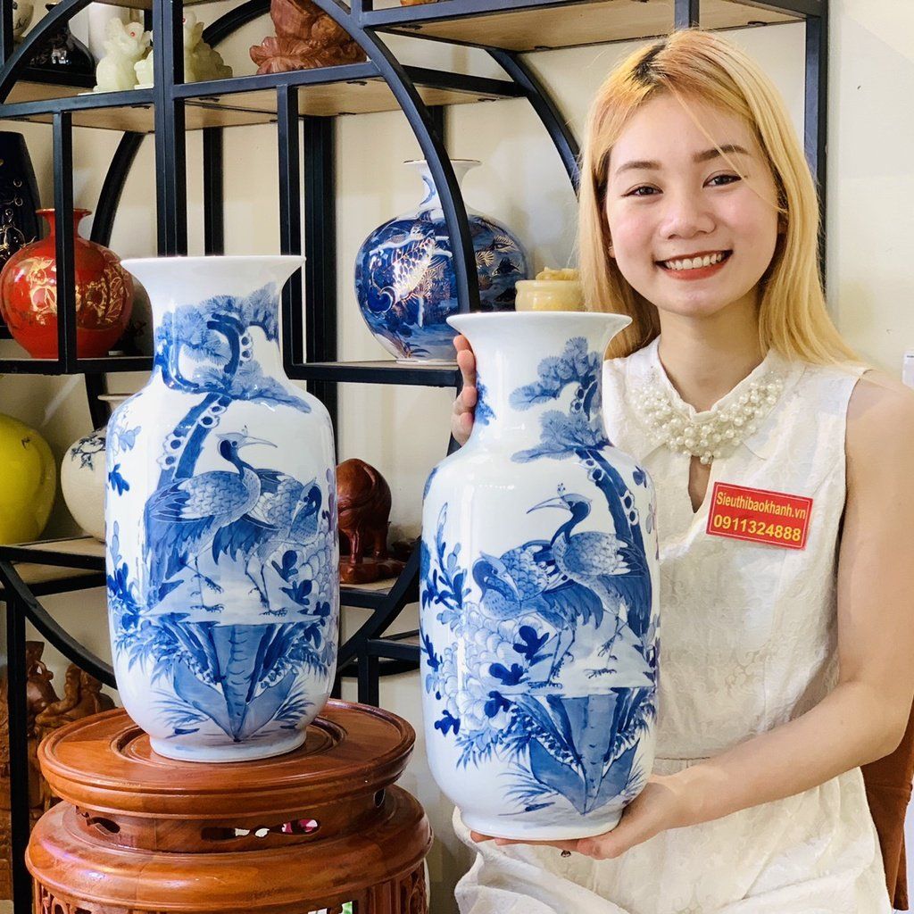 Bình hoa để bàn,trang trí chất liệu gốm Bát Tràng chính hãng 40cm