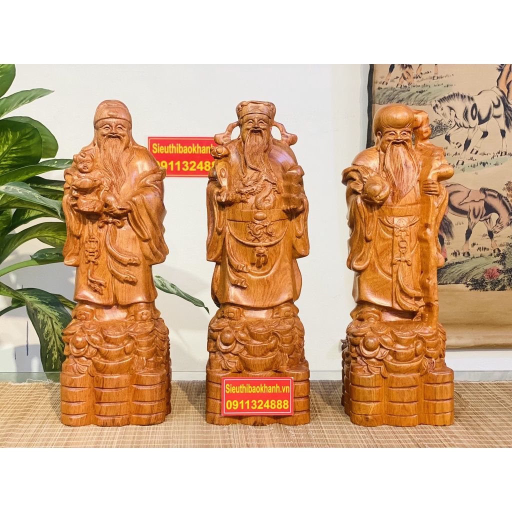Mỹ Nghệ Tại Xưởng-Bộ Tam Đa Phúc Lộc Thọ Gỗ hương nguyên khối-40cm-Siêu thị Bảo Khánh