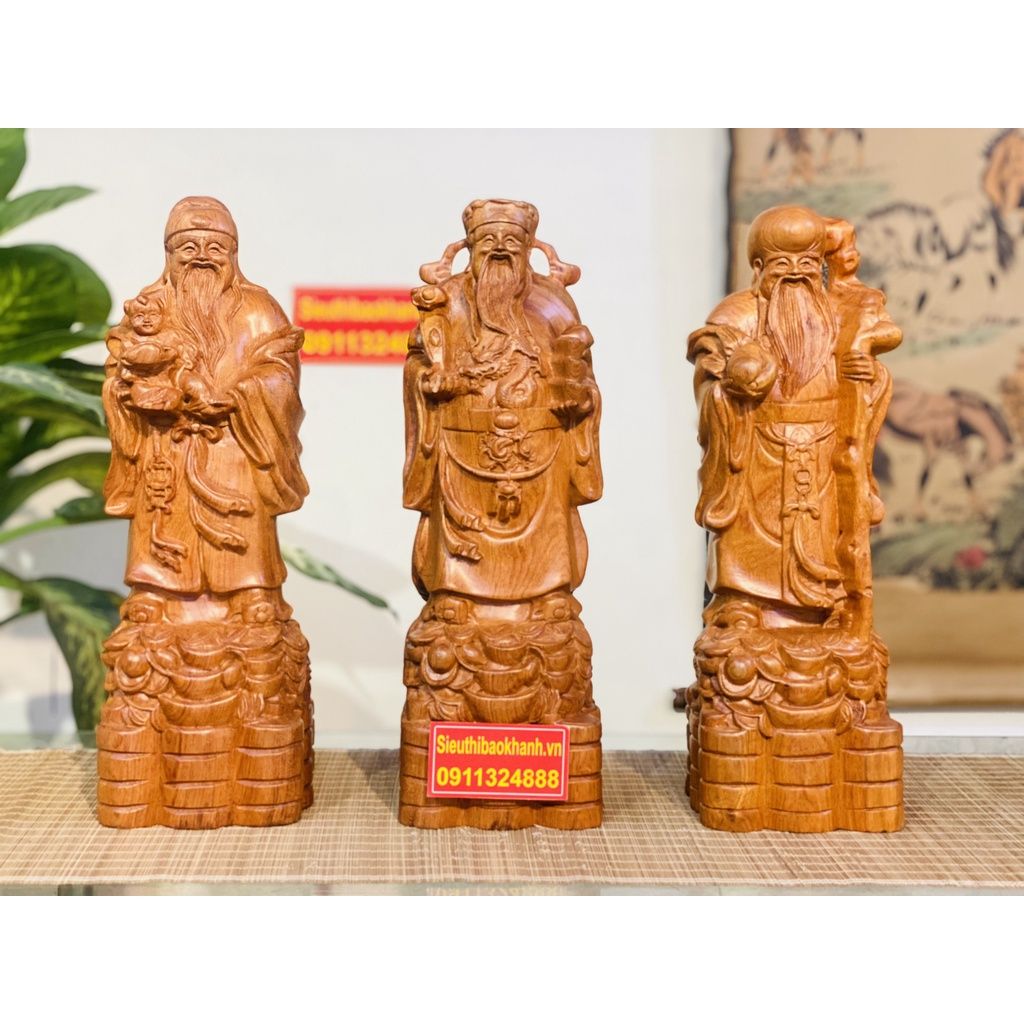 Mỹ Nghệ Tại Xưởng-Bộ Tam Đa Phúc Lộc Thọ Gỗ hương nguyên khối-40cm-Siêu thị Bảo Khánh