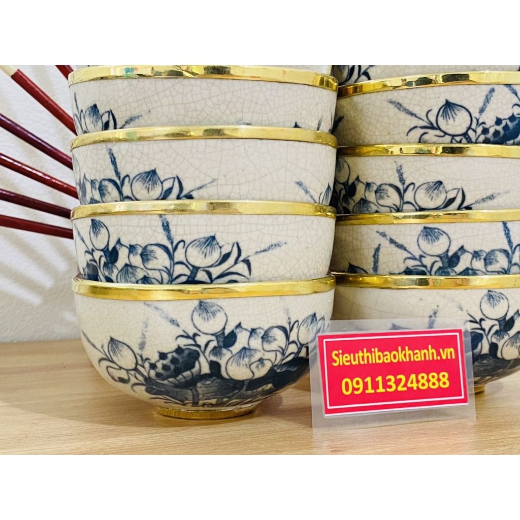 Bộ bát đũa gốm sứ Bát Tràng họa tiết họa sen -Phong thủy Bảo Khánh
