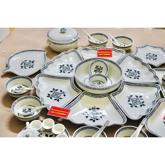 Set bát đĩa men trắng hoạ tiết hoa cổ - Siêu thị Bảo Khánh