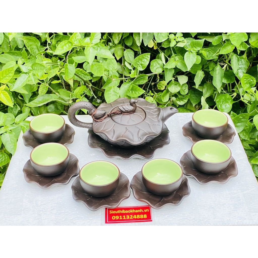 Ấm chén Bảo Khánh-Tinh hoa Bát Tràng bộ ấm chén tử sa tạo hình họa tiết lá sen