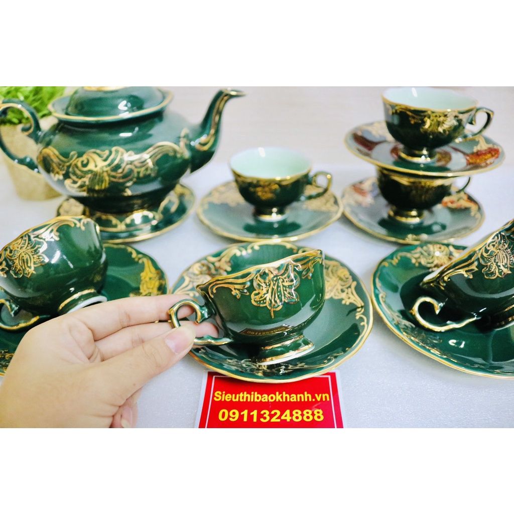 Bộ ấm men xanh vẽ vàng quà tặng xuất xứ Bát Tràng