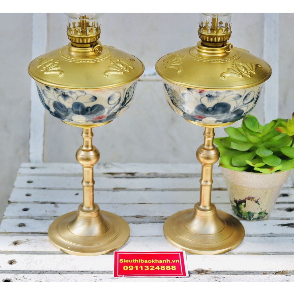 cặp đèn đầu đồng thân gốm xuất xứ Bát Tràng 25cm